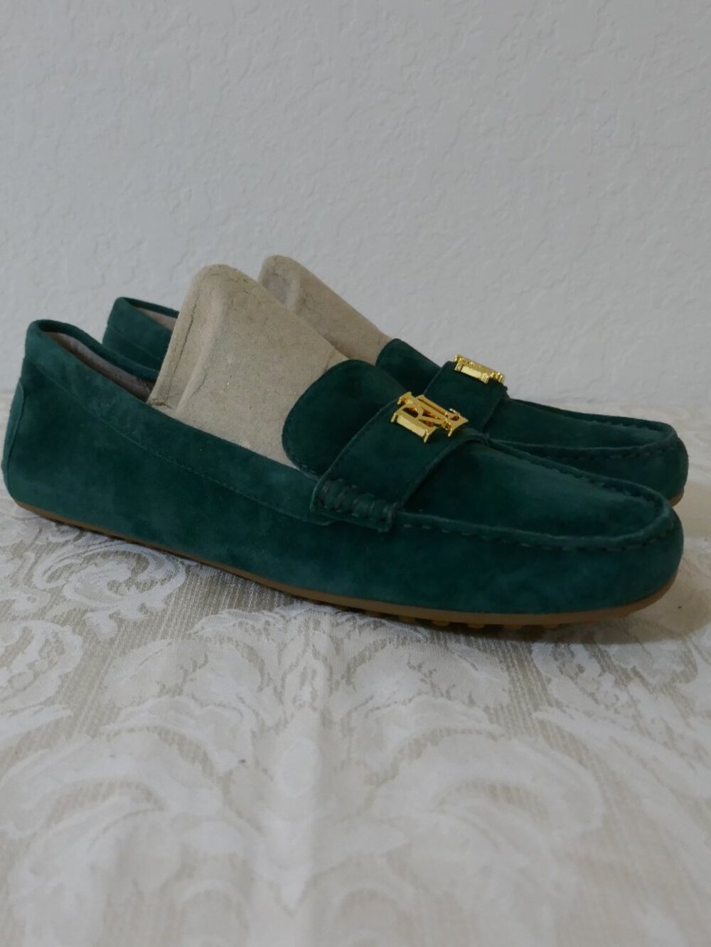 Ralph Lauren Barnsbury Suede Driving Loafer Green Signature Logo Women's Size 9 - Picture 3 of 12
